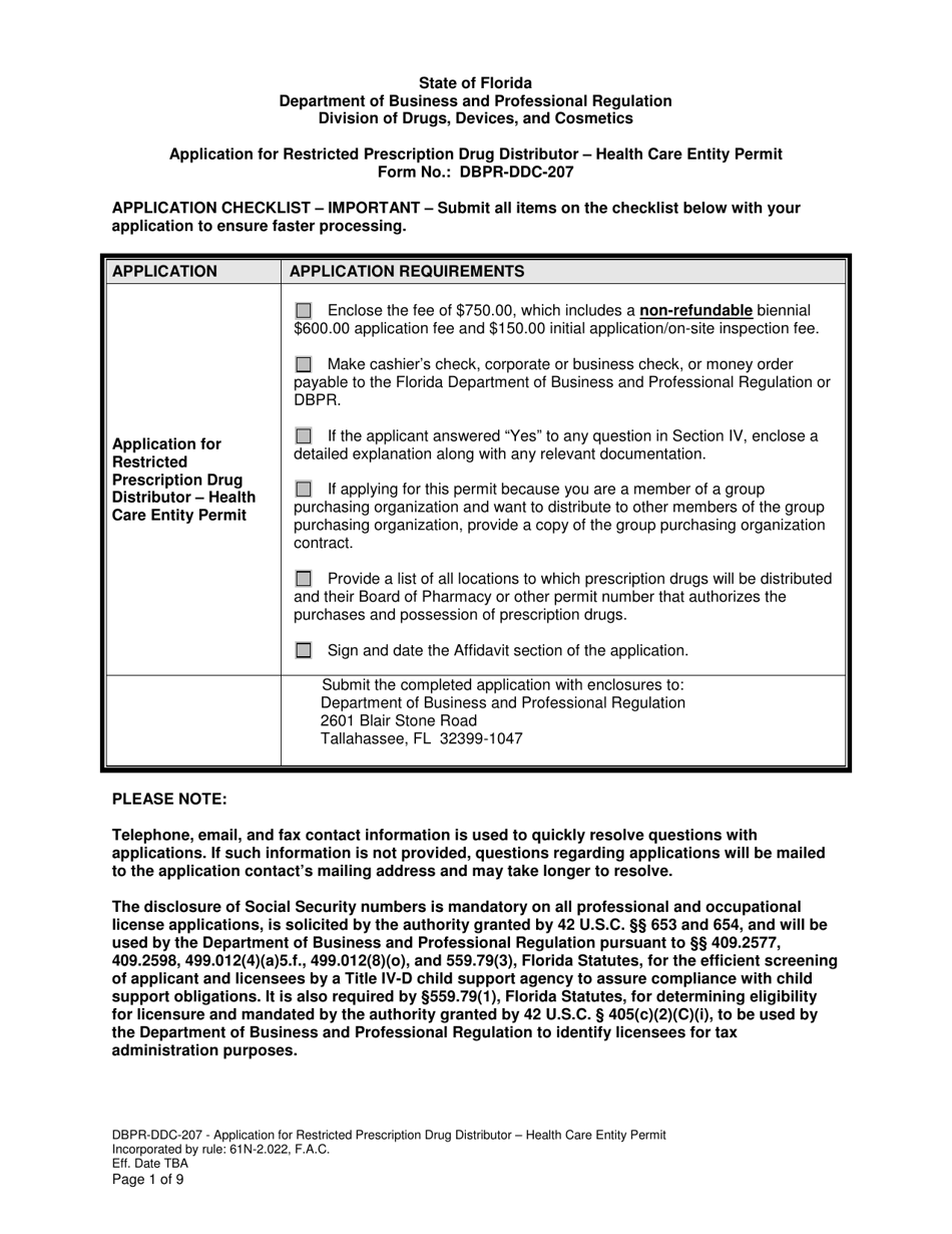 Form DBPR-DDC-207 Application for Restricted Prescription Drug Distributor - Health Care Entity Permit - Florida, Page 1