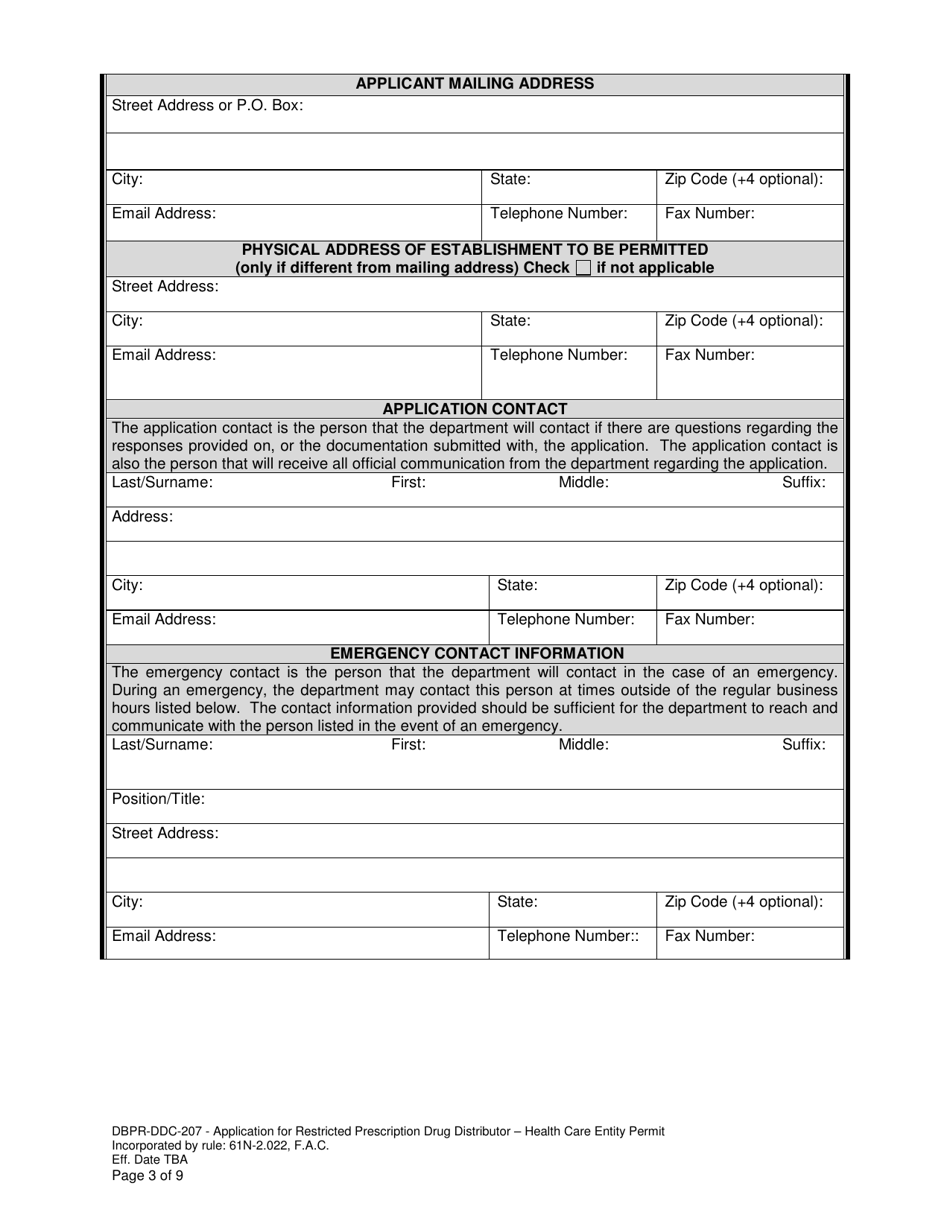 Form DBPR-DDC-207 Application for Restricted Prescription Drug Distributor - Health Care Entity Permit - Florida, Page 3
