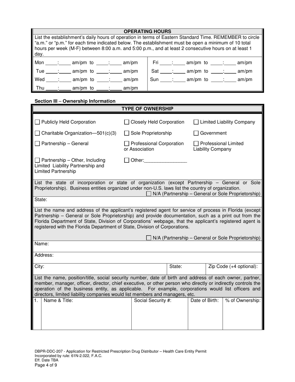 Form DBPR-DDC-207 Application for Restricted Prescription Drug Distributor - Health Care Entity Permit - Florida, Page 4