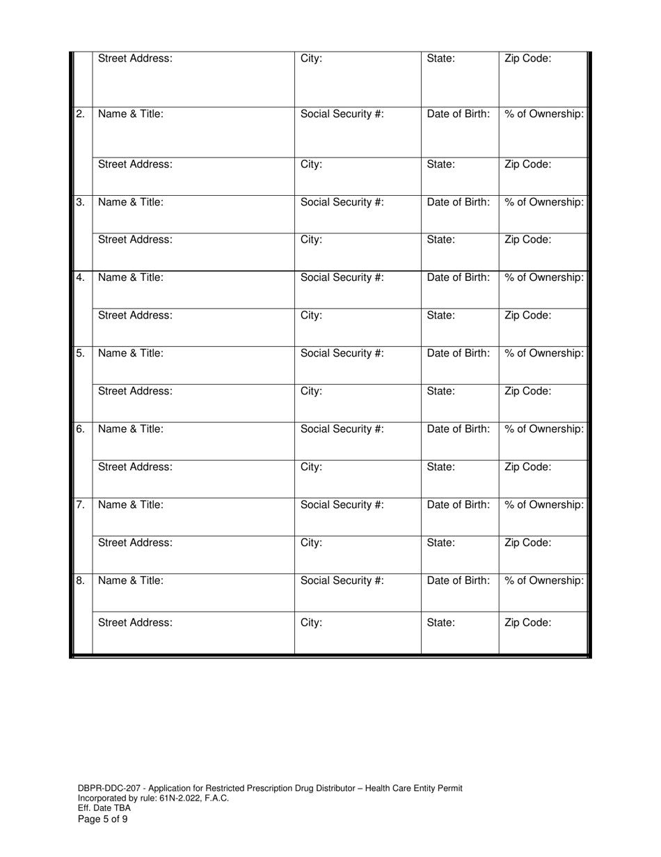 Form DBPR-DDC-207 Application for Restricted Prescription Drug Distributor - Health Care Entity Permit - Florida, Page 5