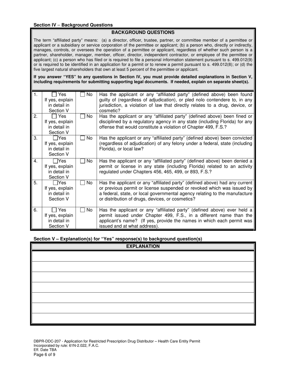 Form DBPR-DDC-207 Application for Restricted Prescription Drug Distributor - Health Care Entity Permit - Florida, Page 6