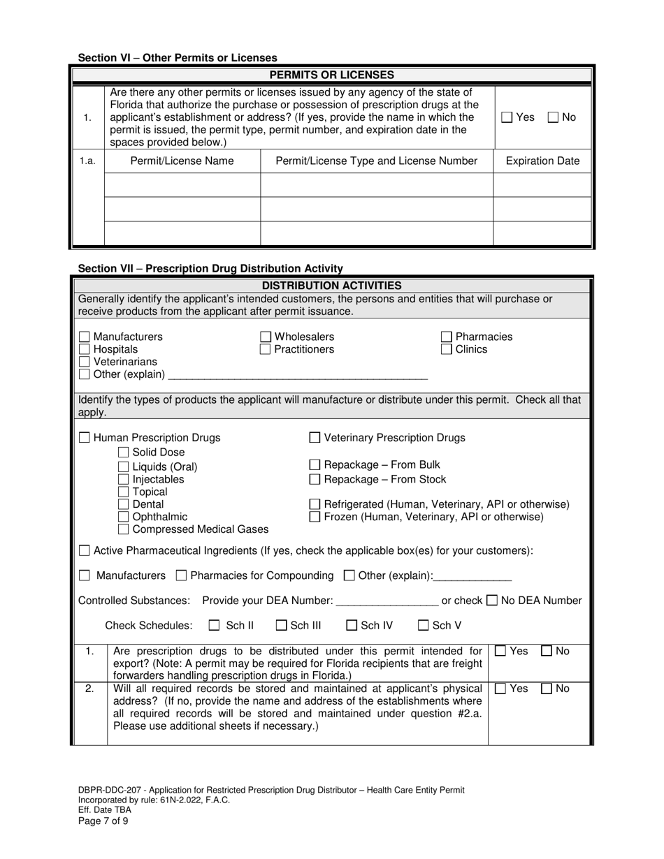 Form DBPR-DDC-207 Application for Restricted Prescription Drug Distributor - Health Care Entity Permit - Florida, Page 7