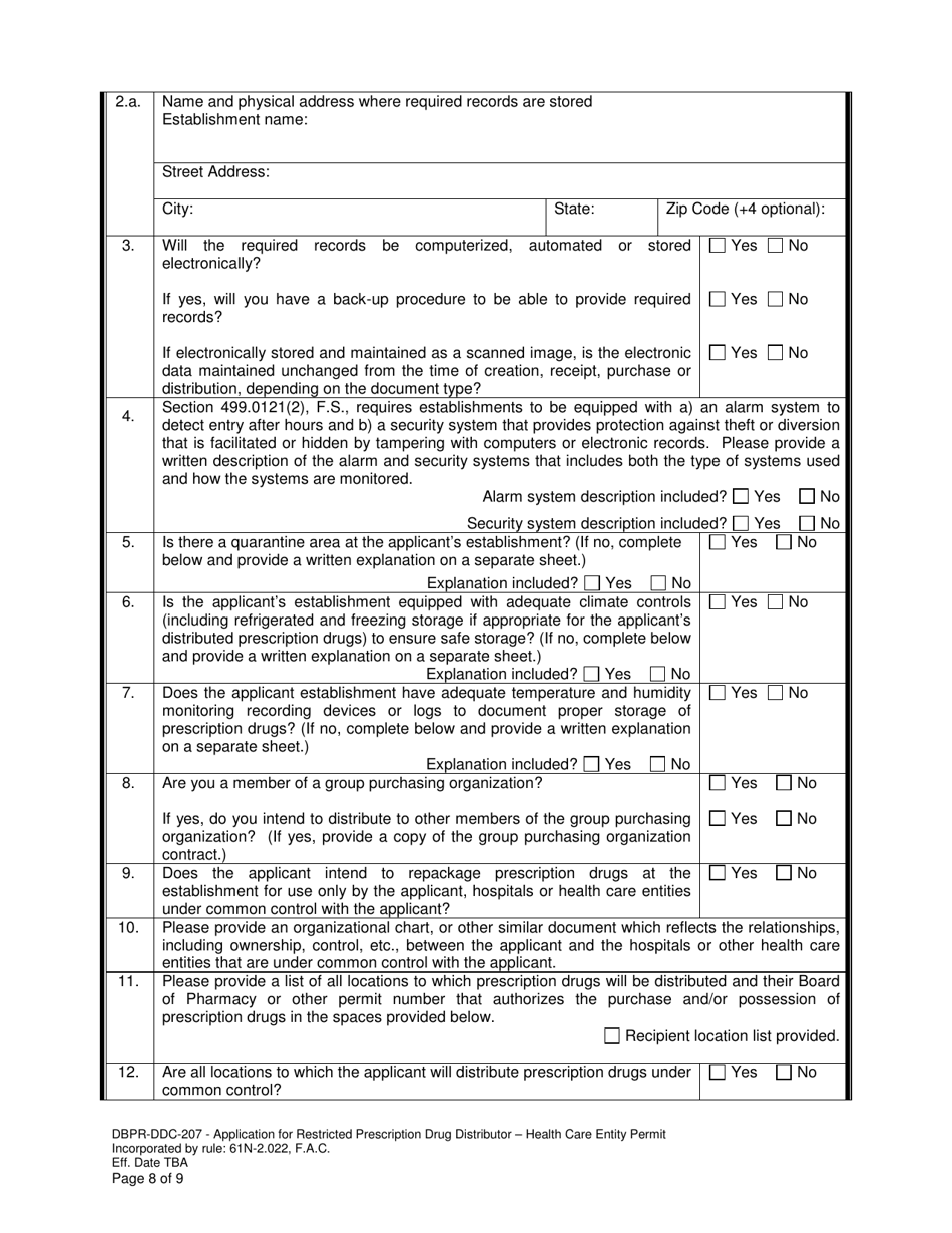 Form DBPR-DDC-207 Application for Restricted Prescription Drug Distributor - Health Care Entity Permit - Florida, Page 8