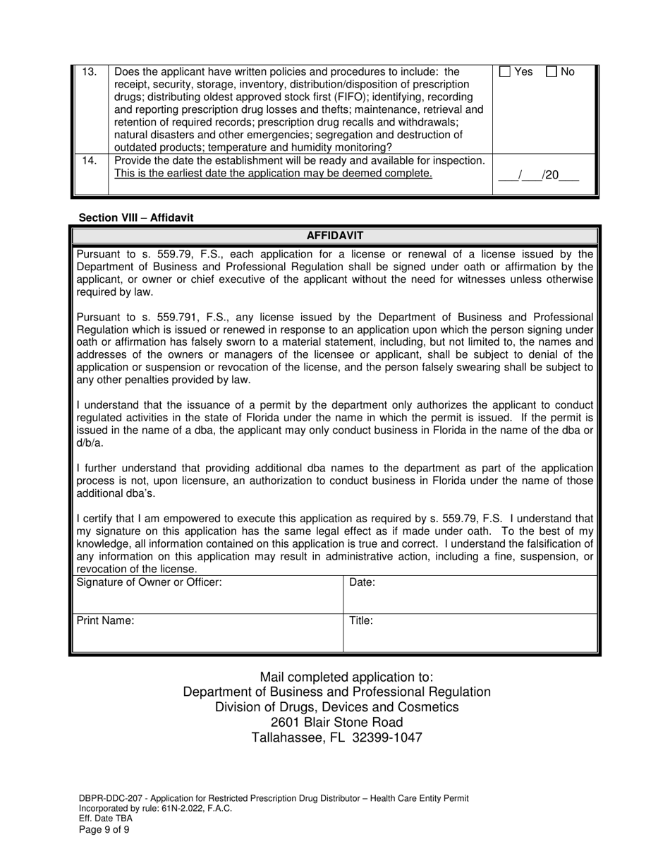 Form DBPR-DDC-207 Application for Restricted Prescription Drug Distributor - Health Care Entity Permit - Florida, Page 9