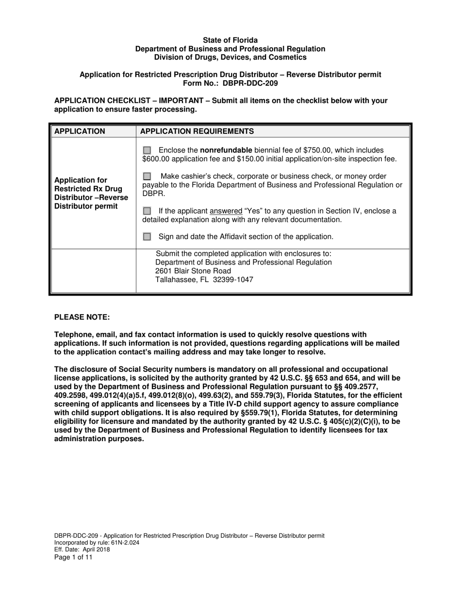 Form DBPR-DDC-209 Application for Restricted Prescription Drug Distributor - Reverse Distributor Permit - Florida, Page 1