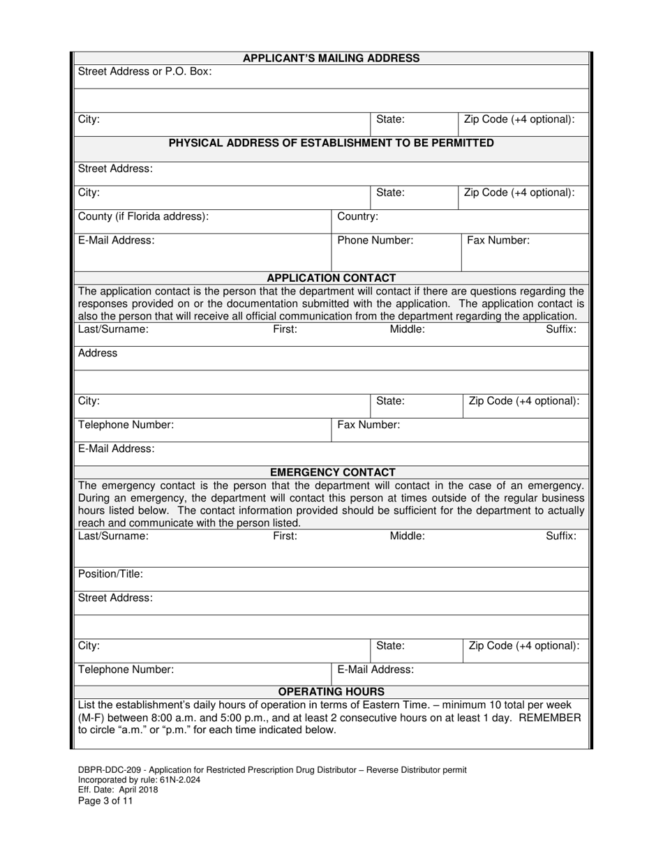 Form DBPR-DDC-209 Application for Restricted Prescription Drug Distributor - Reverse Distributor Permit - Florida, Page 3