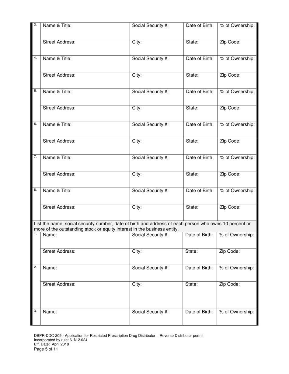 Form DBPR-DDC-209 Application for Restricted Prescription Drug Distributor - Reverse Distributor Permit - Florida, Page 5
