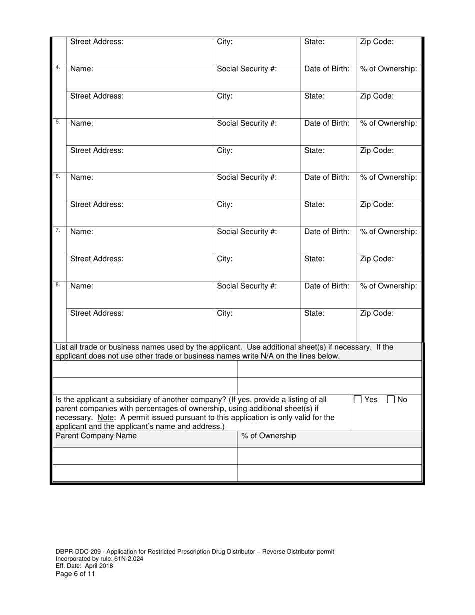 Form DBPR-DDC-209 Application for Restricted Prescription Drug Distributor - Reverse Distributor Permit - Florida, Page 6