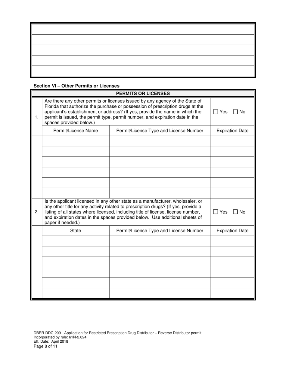 Form DBPR-DDC-209 Application for Restricted Prescription Drug Distributor - Reverse Distributor Permit - Florida, Page 8