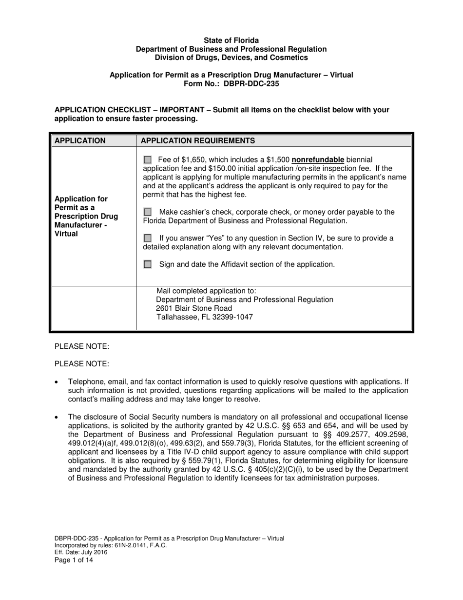 Form DBPR-DDC-235 Application for Permit as a Prescription Drug Manufacturer - Virtual - Florida, Page 1