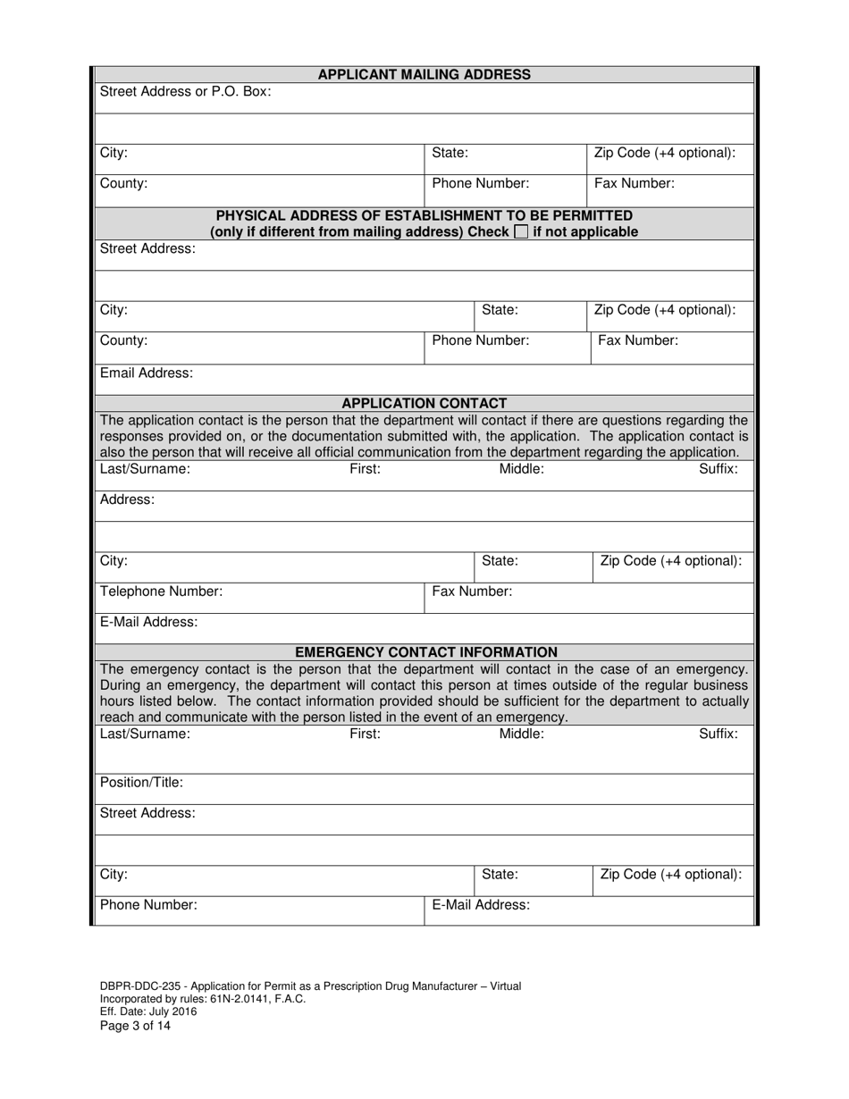 Form DBPR-DDC-235 Application for Permit as a Prescription Drug Manufacturer - Virtual - Florida, Page 3