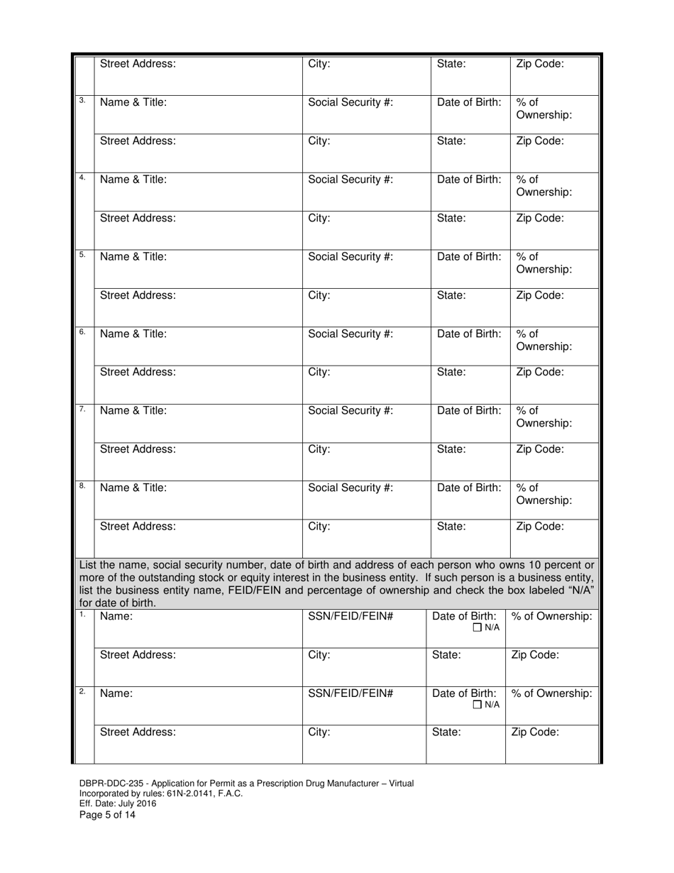 Form DBPR-DDC-235 Application for Permit as a Prescription Drug Manufacturer - Virtual - Florida, Page 5