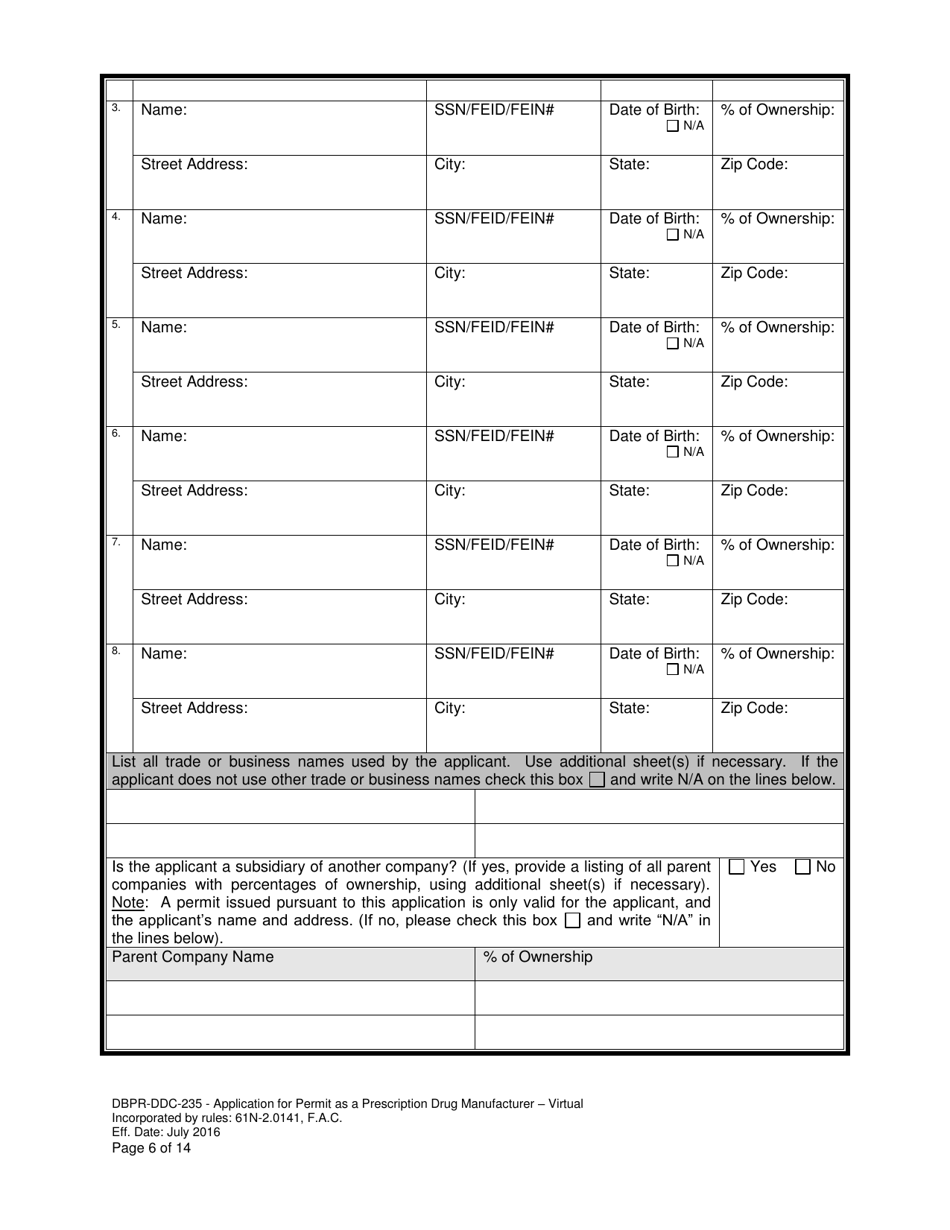 Form DBPR-DDC-235 Application for Permit as a Prescription Drug Manufacturer - Virtual - Florida, Page 6