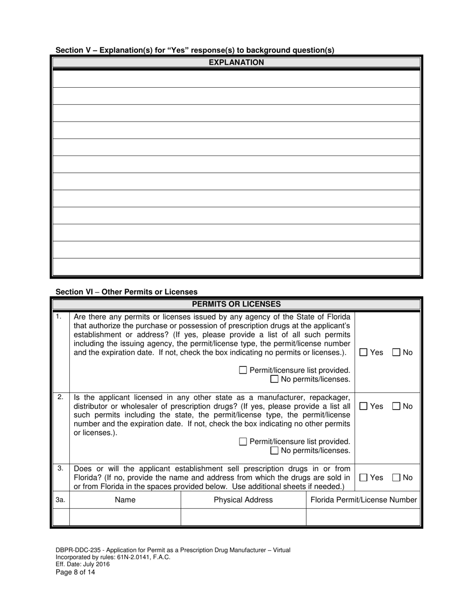 Form DBPR-DDC-235 Application for Permit as a Prescription Drug Manufacturer - Virtual - Florida, Page 8