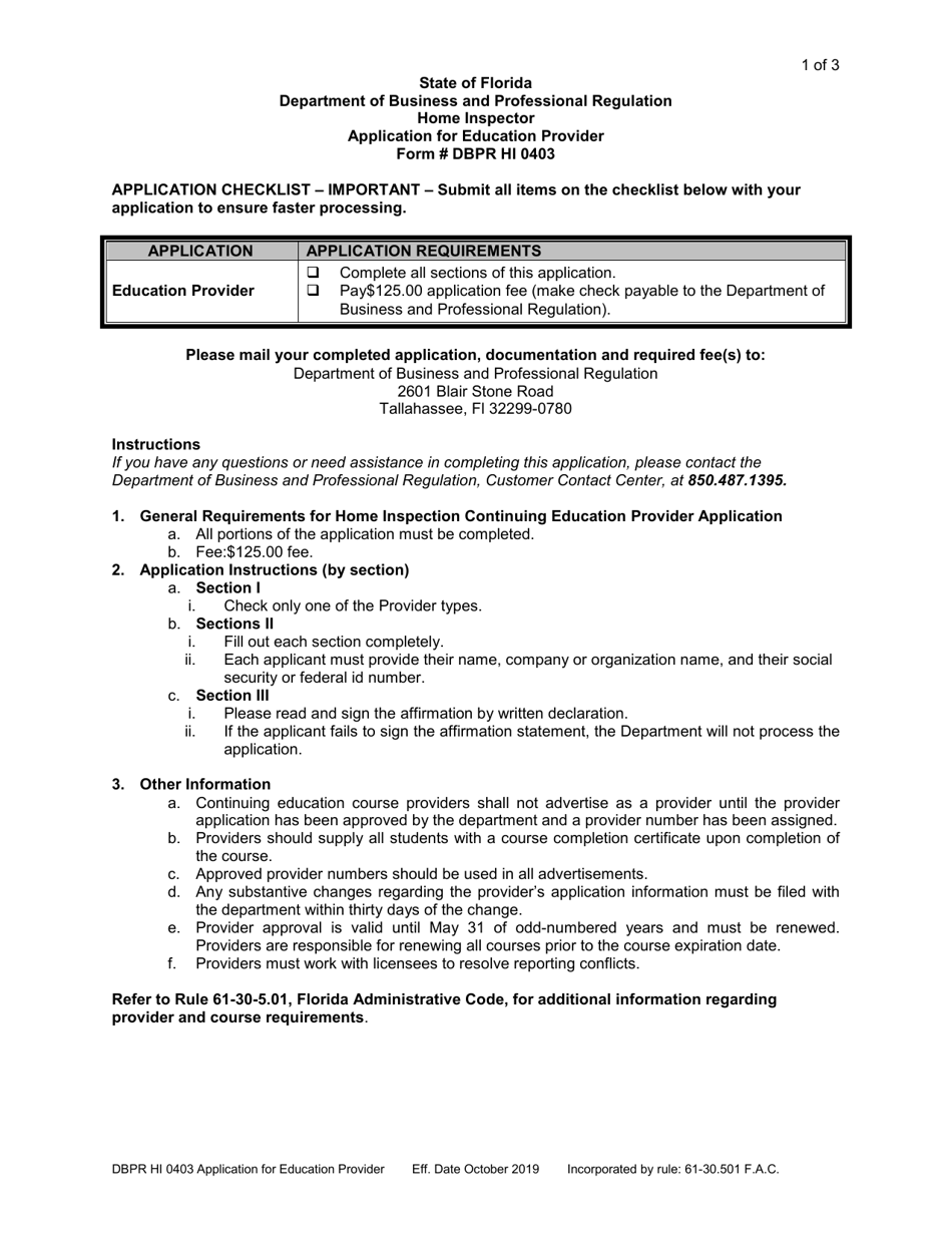 Form DBPR HI0403 Application for Education Provider - Florida, Page 1