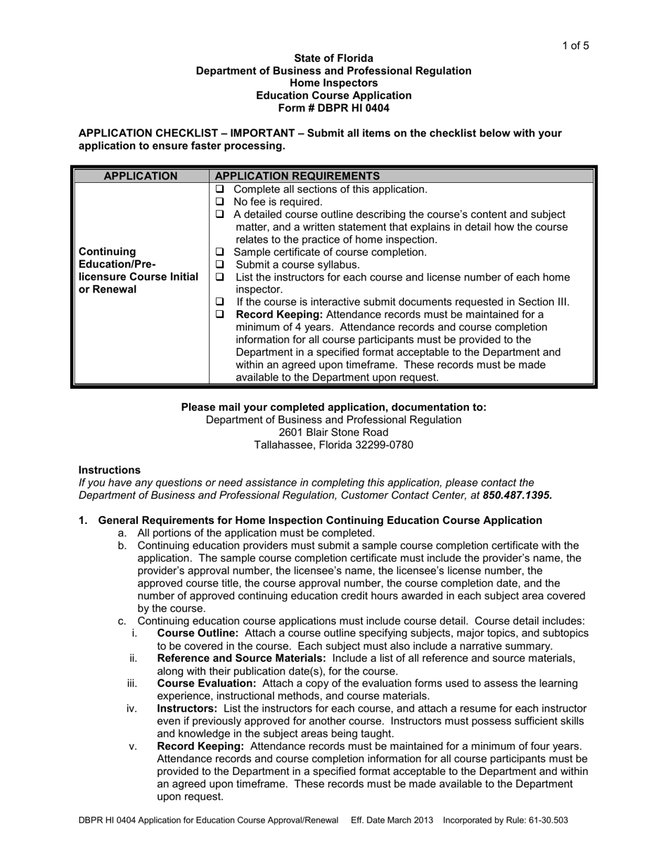 Form DBPR HI0404 - Fill Out, Sign Online and Download Printable PDF ...