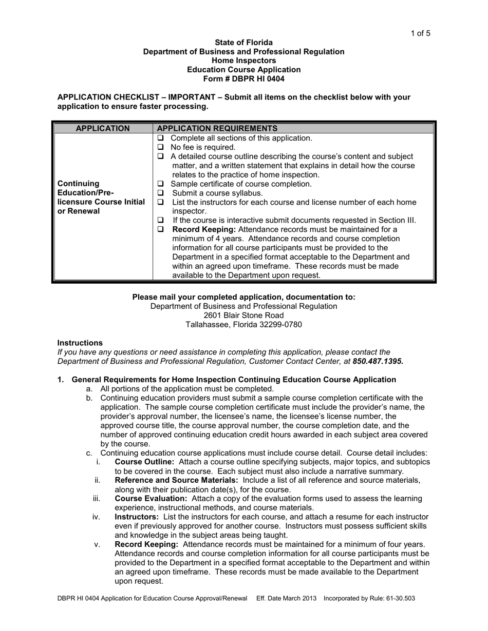 Form DBPR HI0404 Education Course Application - Florida, Page 1