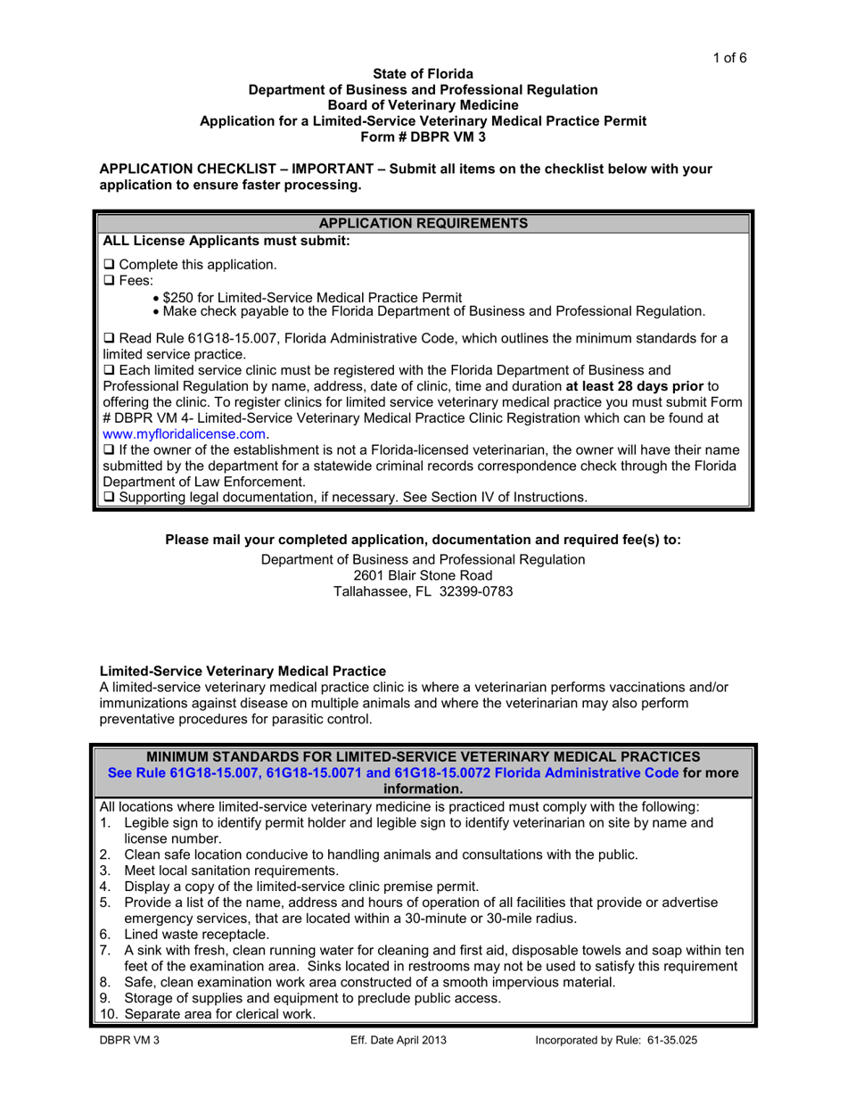 Form DBPR VM3 Application for a Limited-Service Veterinary Medical Practice Permit - Florida, Page 1