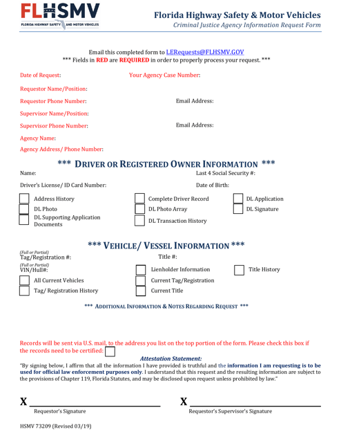 Form HSMV73209 Criminal Justice Agency Information Request Form - Florida