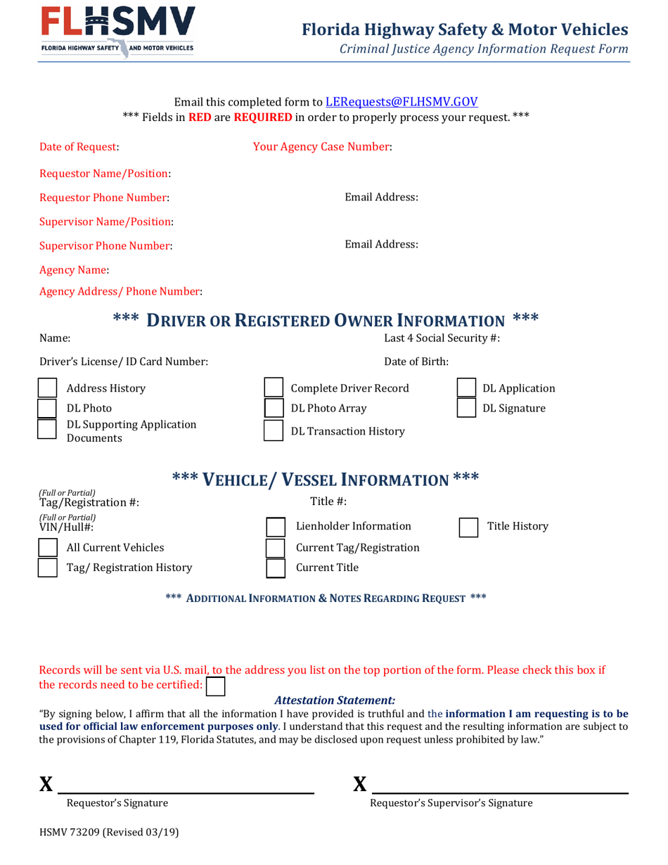 Form HSMV73209 Criminal Justice Agency Information Request Form - Florida, Page 1