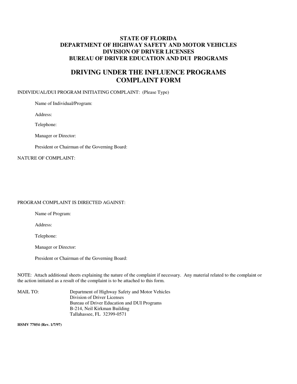 Form HSMV77054 Driving Under the Influence Programs Complaint Form - Florida, Page 1