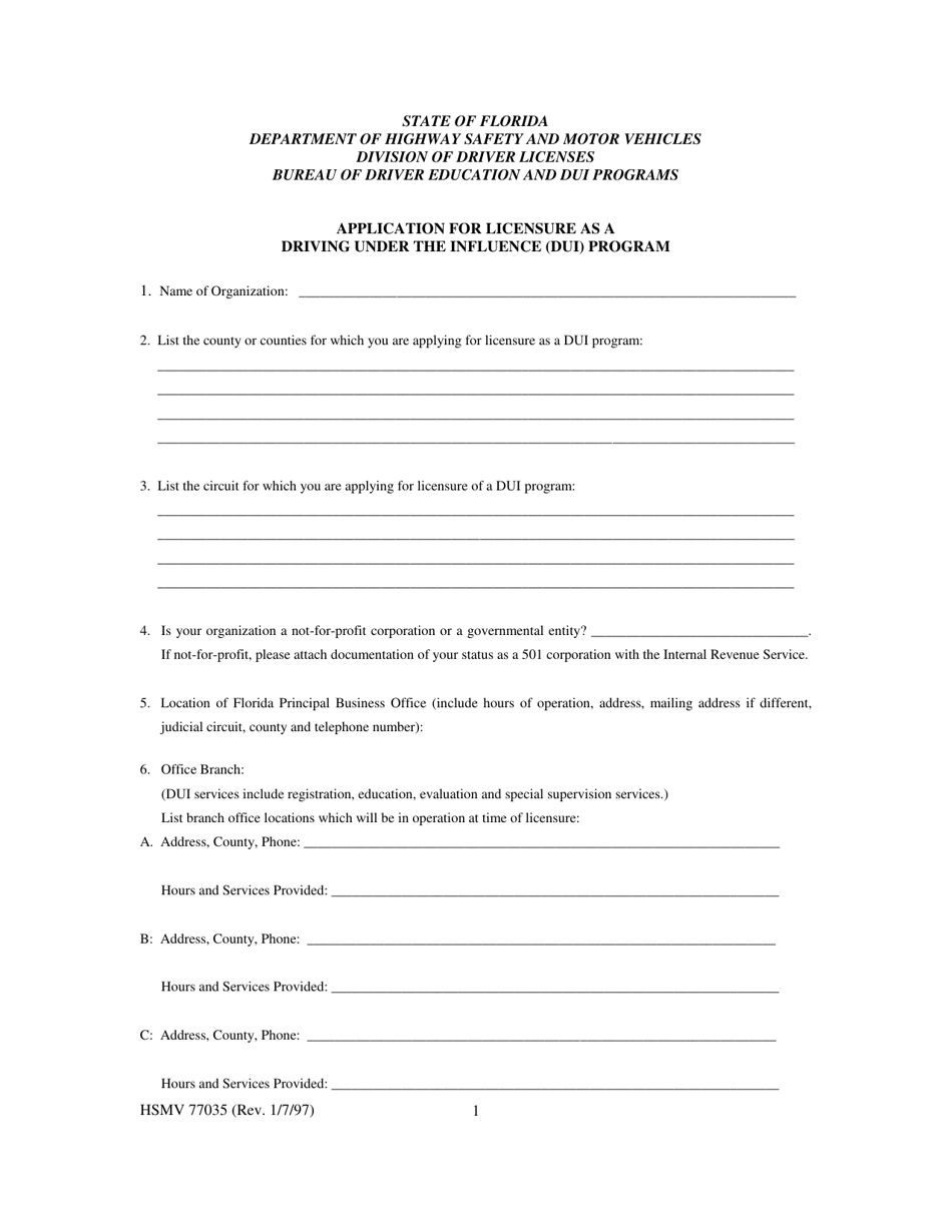 Form HSMV77035 Application for Licensure as a Driving Under the Influence (Dui) Program - Florida, Page 1