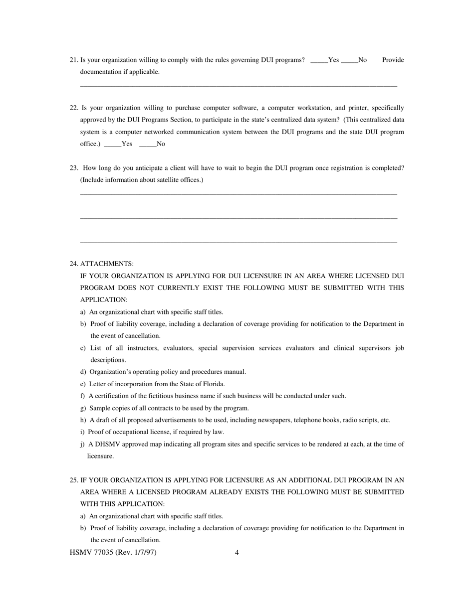 Form HSMV77035 Application for Licensure as a Driving Under the Influence (Dui) Program - Florida, Page 4