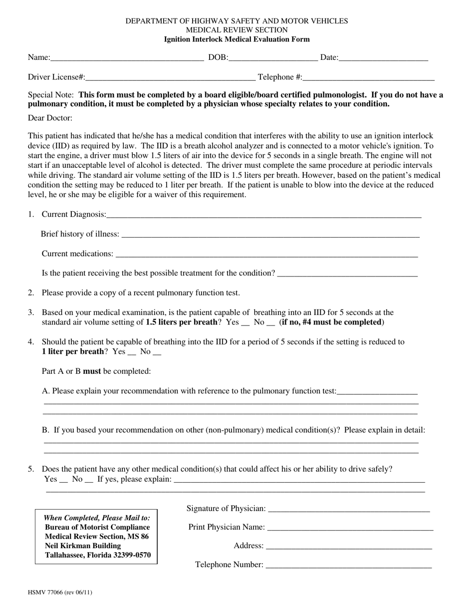 Form HSMV77066 Ignition Interlock Medical Evaluation Form - Florida, Page 1