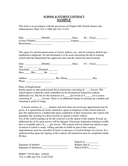 Form HSMV77072S School & Student Contract - Florida