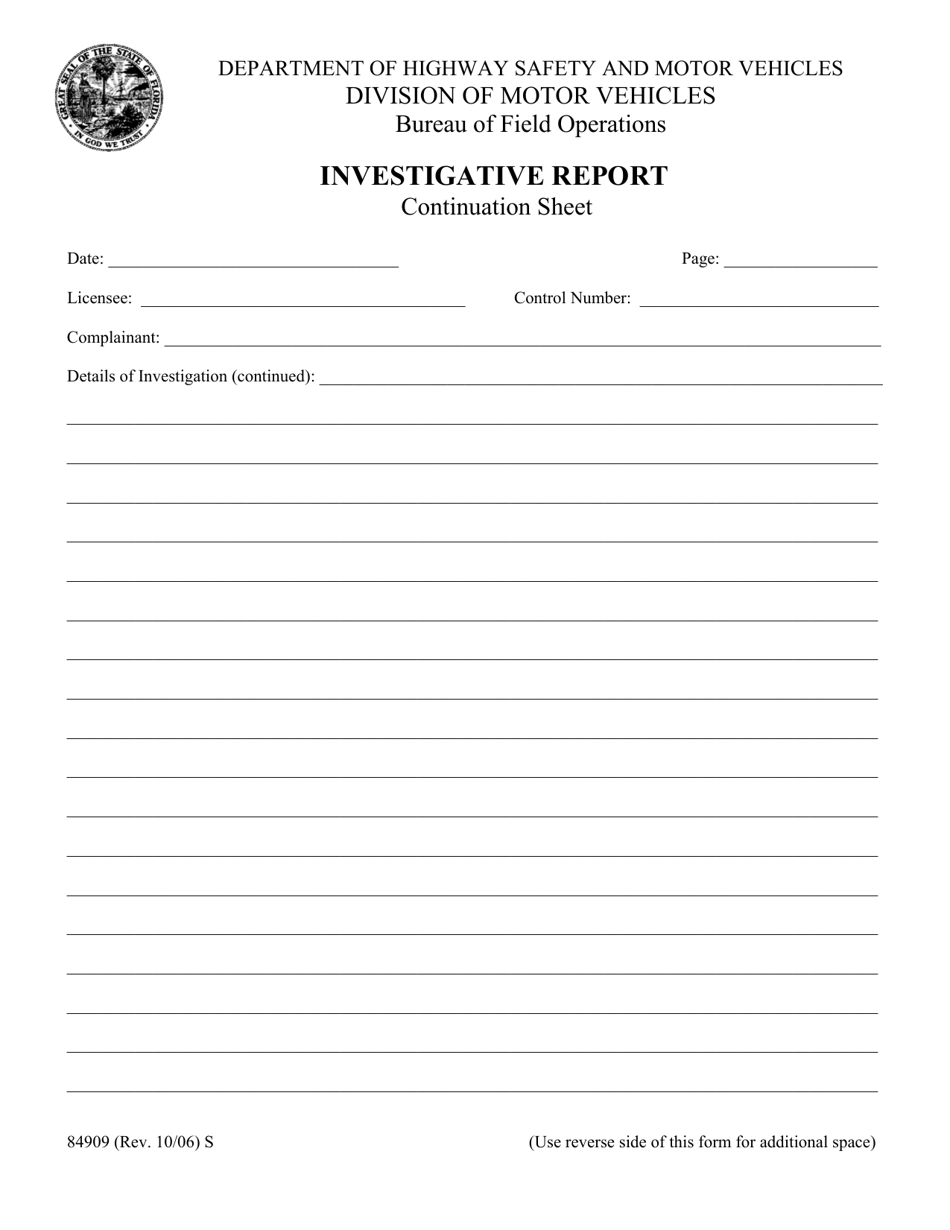 Form 84909 Investigative Report - Florida, Page 1