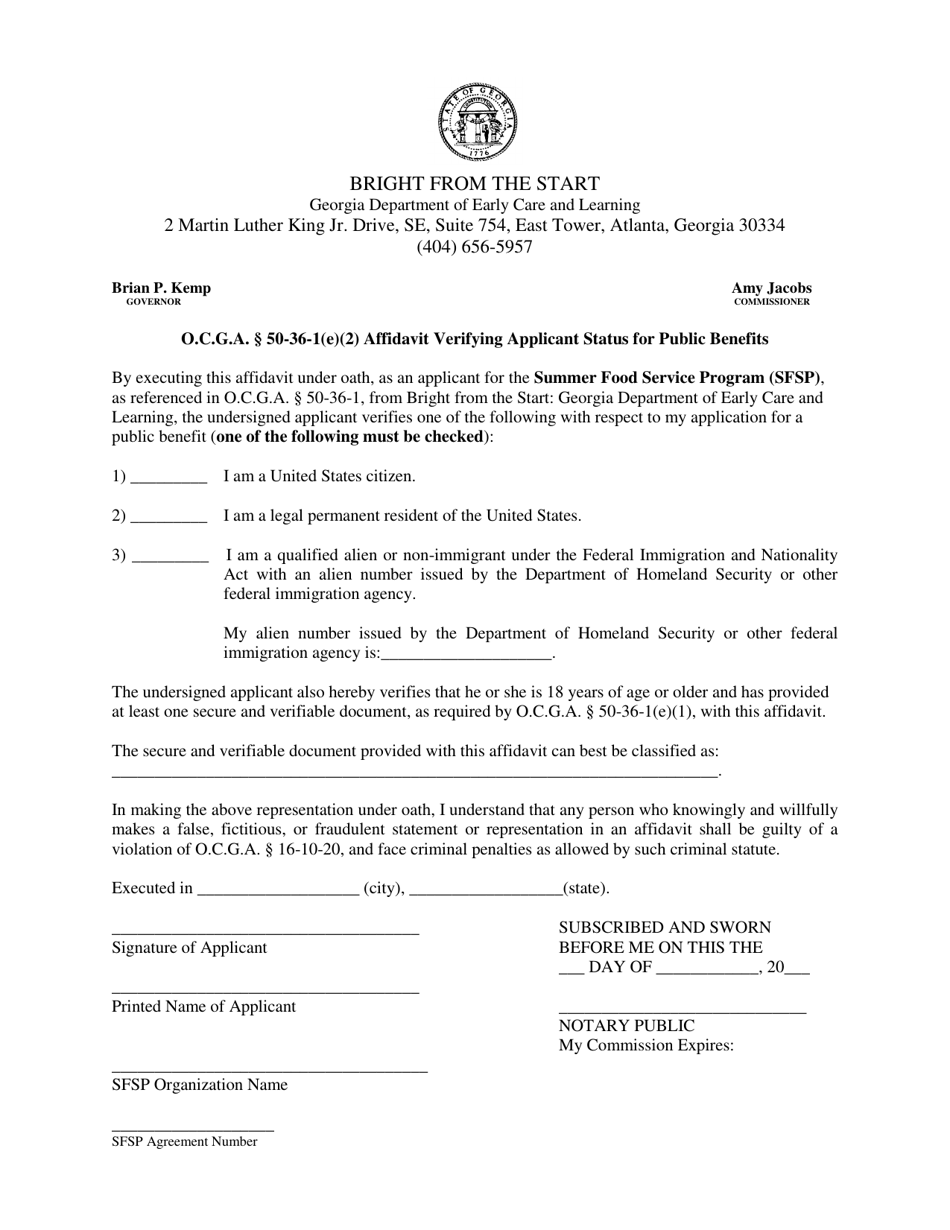 O.c.g.a. 50-36-1(E)(2) Affidavit Verifying Applicant Status for Public Benefits - Georgia (United States), Page 1