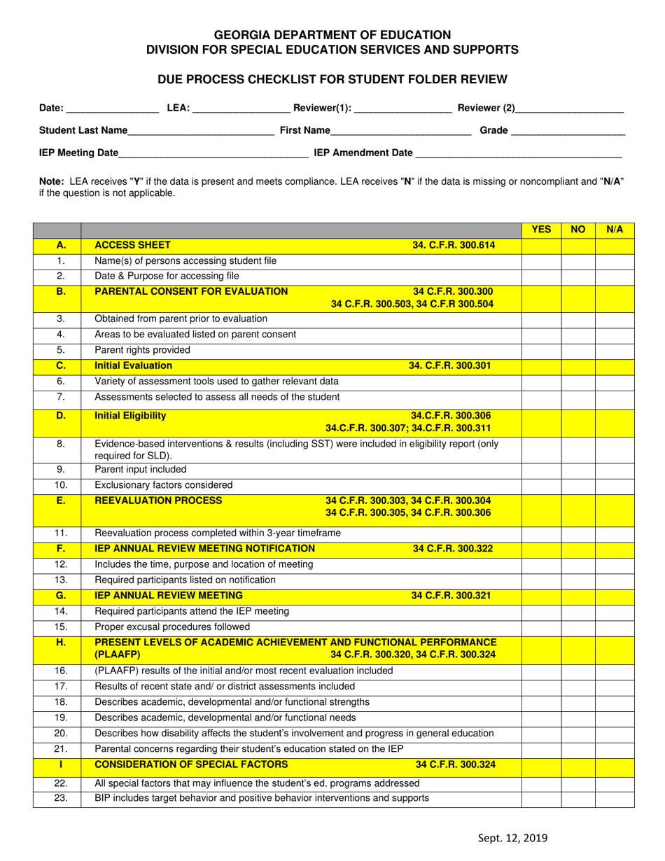 Due Process Checklist for Student Folder Review - Georgia (United States), Page 1