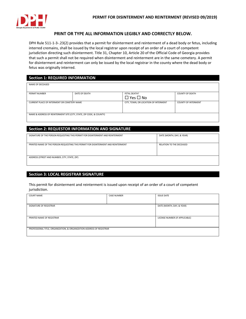 Georgia (United States) Permit for Disinterment and Reinterment - Fill ...