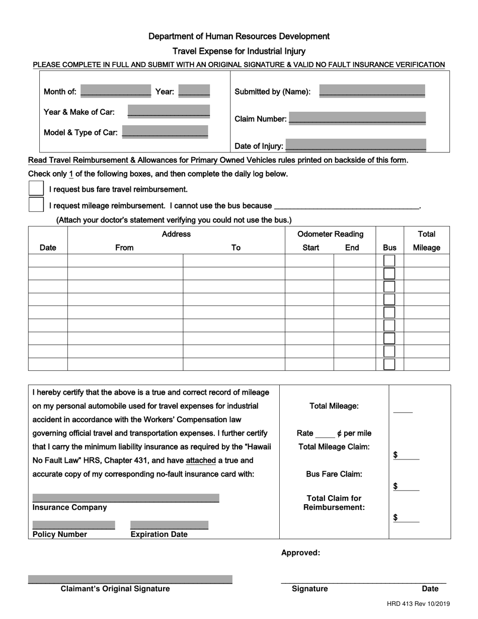 Form HRD413 Travel Expense for Industrial Injury - Hawaii, Page 1
