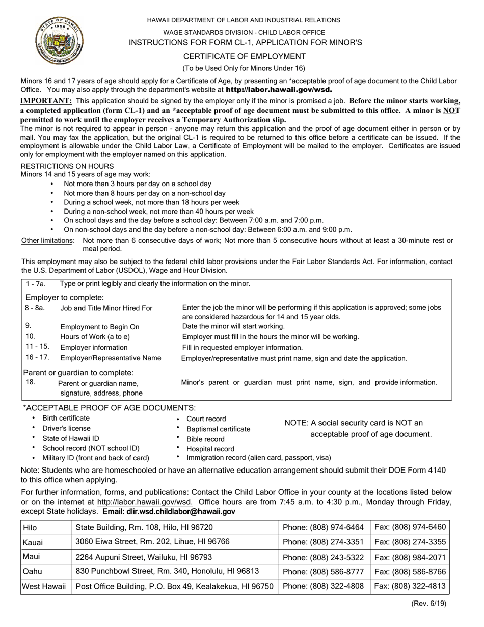 Form CL-1 Application for Minors Certificate of Employment - Hawaii, Page 1