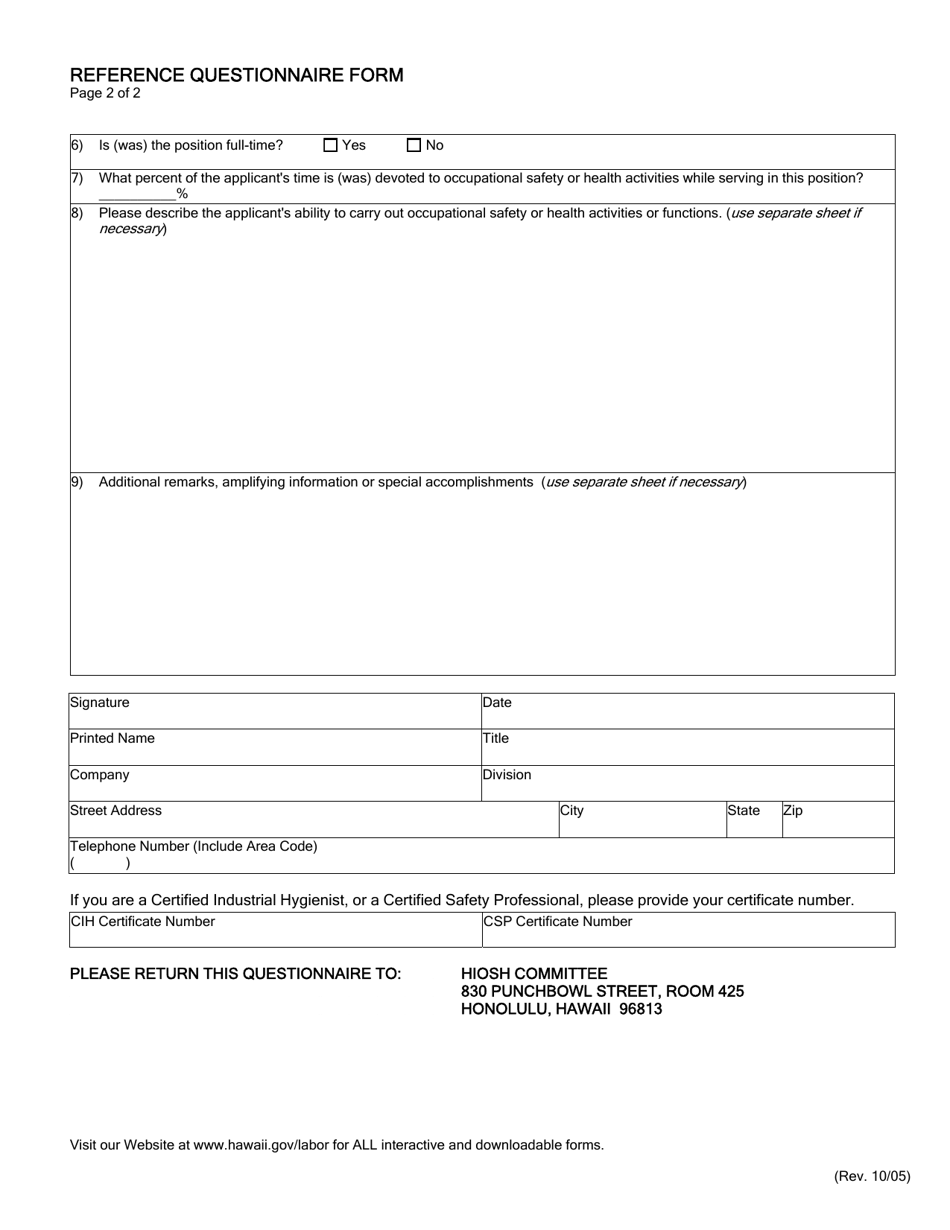 Hawaii Reference Questionnaire Form - Fill Out, Sign Online and ...