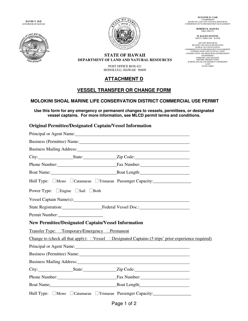 Attachment D Vessel Transfer or Change Form - Hawaii, Page 1