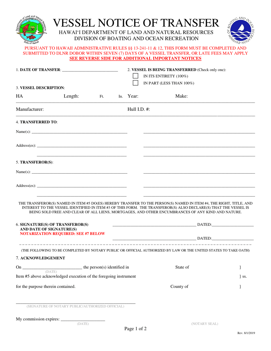 Vessel Notice of Transfer - Hawaii, Page 1
