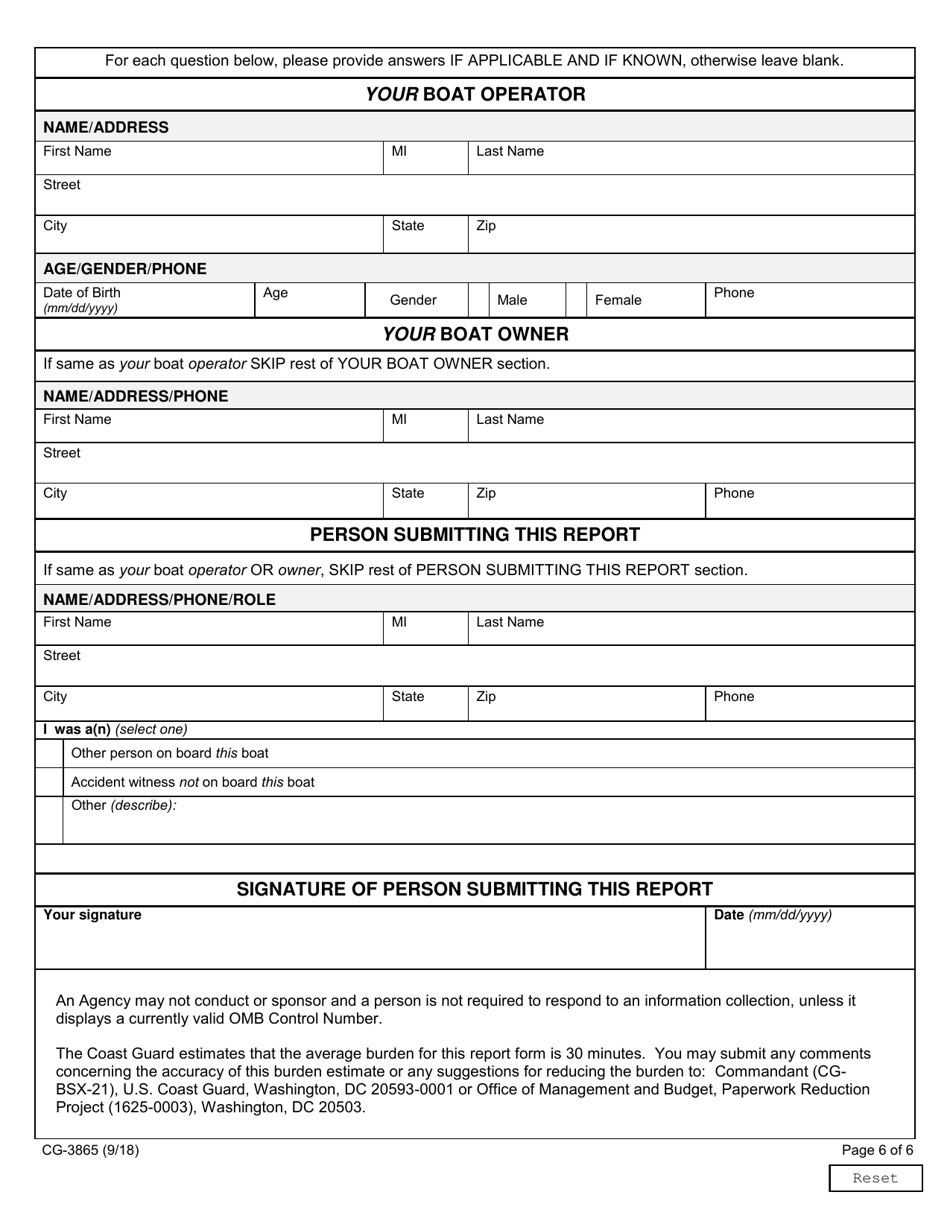Form CG-3865 Recreational Boating Accident Report, Page 6