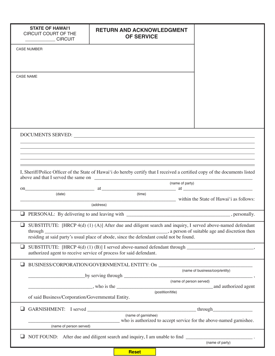 Form 1C-P-022 Return and Acknowledgment of Service - Hawaii, Page 1