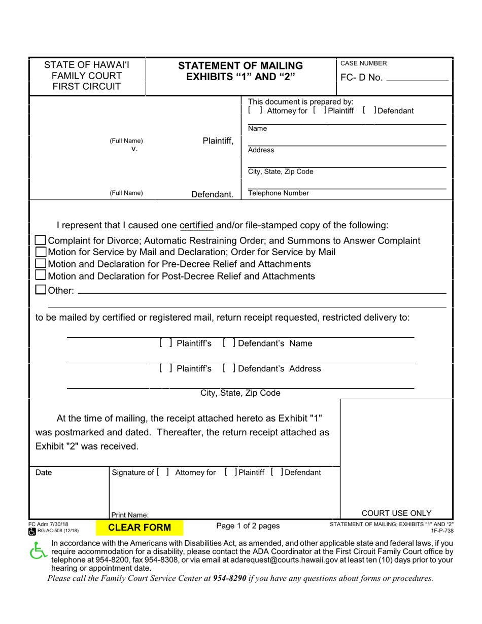 Form 1F-P-738 Statement of Mailing Exhibits 1 and 2 - Hawaii, Page 1