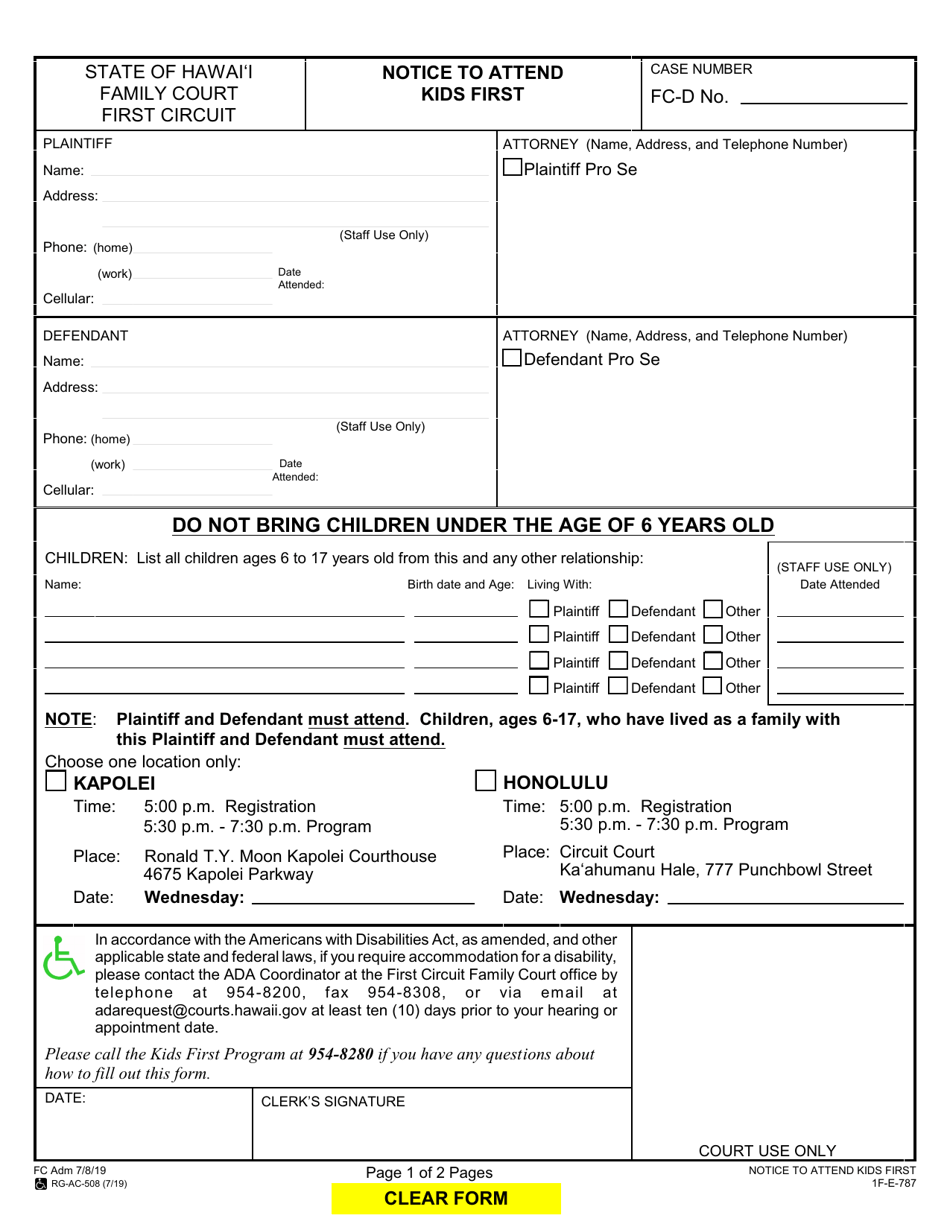 Form 1F-E-787 Notice to Attend Kids First - Hawaii, Page 1