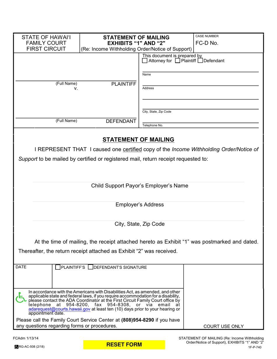 Form 1F-P-740 Statement of Mailing Exhibits 1 and 2 (Re: Income Withholding Order/Notice of Support) - Hawaii, Page 1