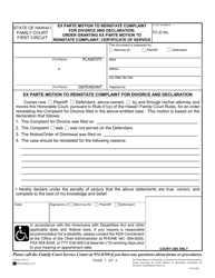 Document preview: Form 1F-P-1097 Ex Parte Motion to Reinstate Complaint for Divorce and Declaration; Order Granting Ex Parte Motion to Reinstate Complaint for Divorce; Certificate of Service - Hawaii