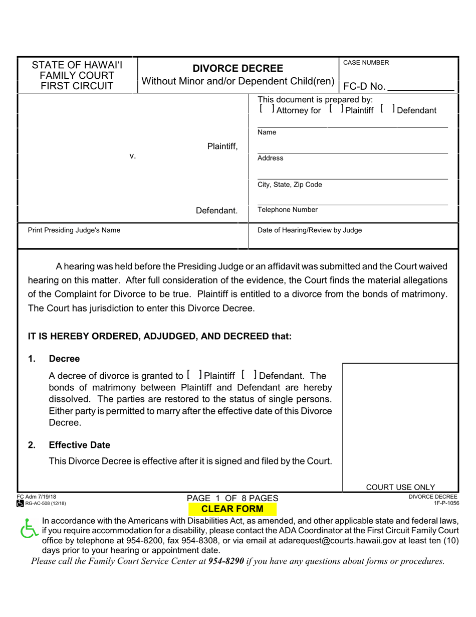 Form 1F-P-1056 Divorce Decree Without Minor and / or Dependent Child(Ren) - Hawaii, Page 1