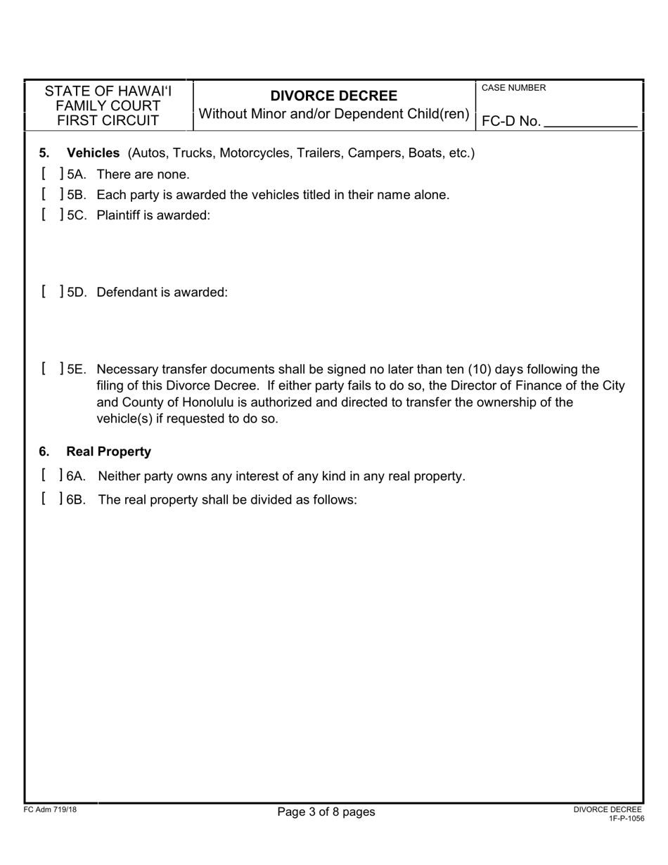 Form 1F-P-1056 Divorce Decree Without Minor and / or Dependent Child(Ren) - Hawaii, Page 3
