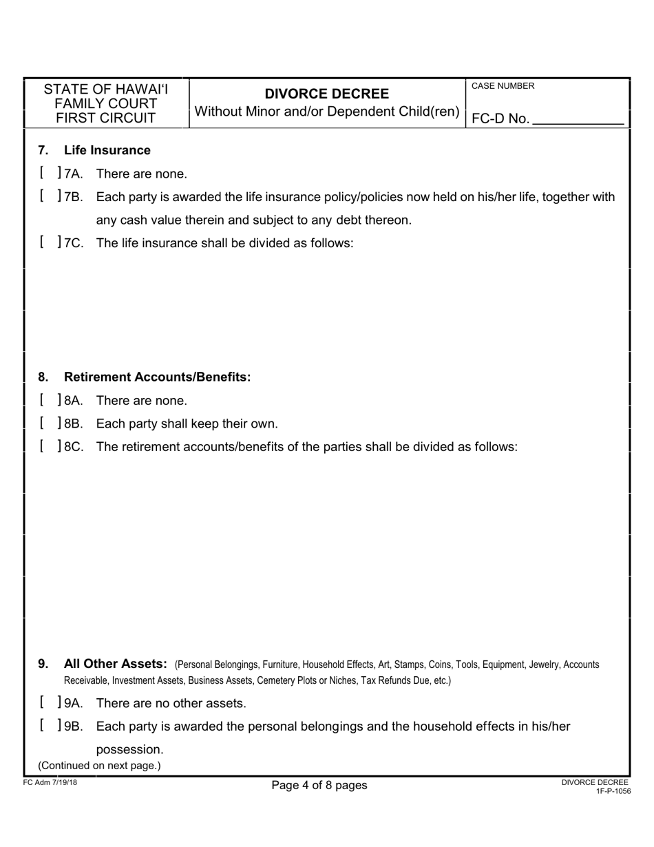 Form 1F-P-1056 Divorce Decree Without Minor and / or Dependent Child(Ren) - Hawaii, Page 4