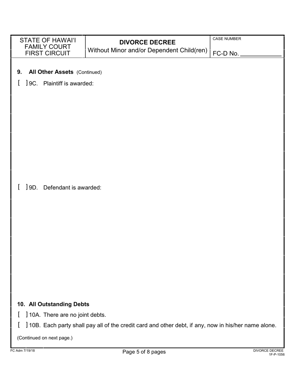 Form 1F-P-1056 Divorce Decree Without Minor and / or Dependent Child(Ren) - Hawaii, Page 5