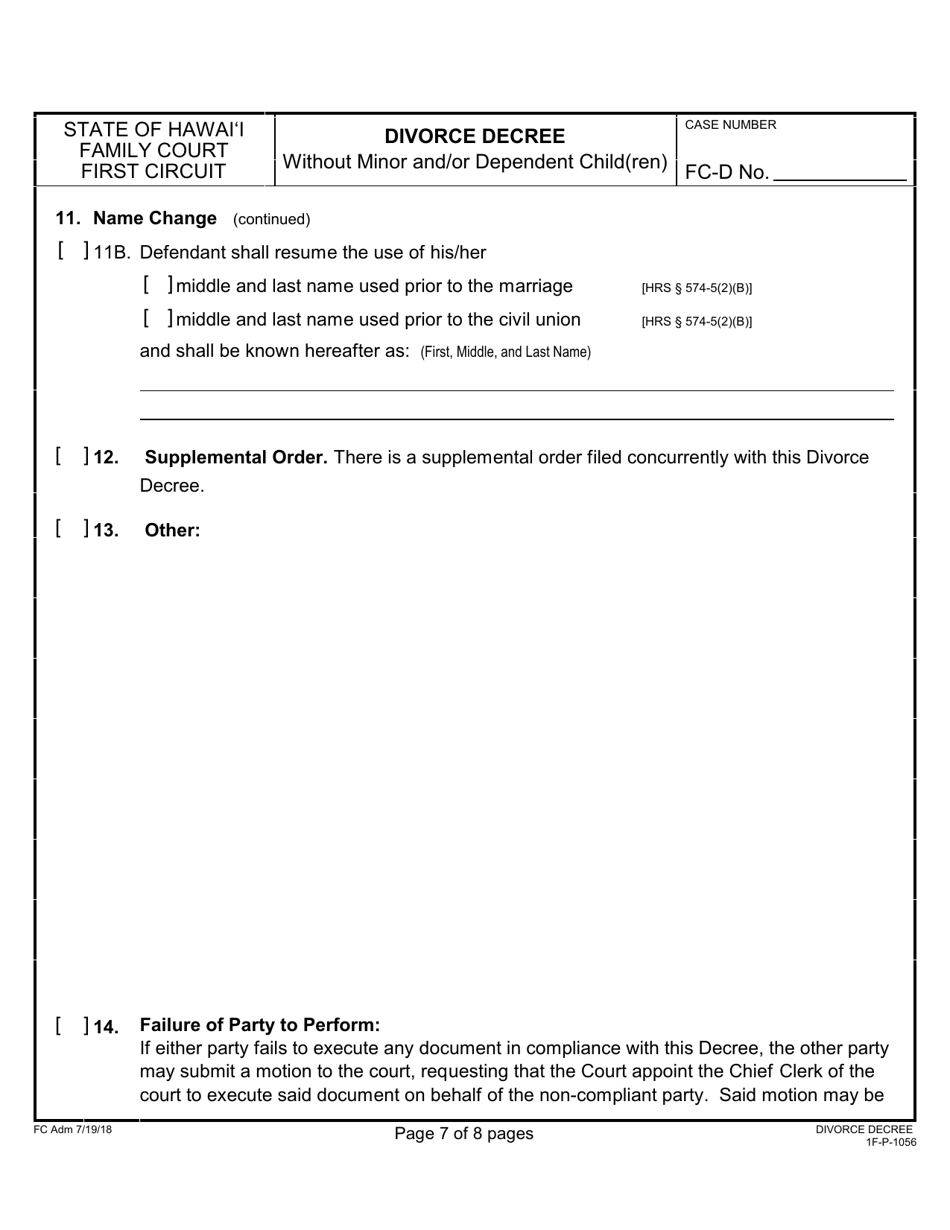 Form 1F-P-1056 Divorce Decree Without Minor and / or Dependent Child(Ren) - Hawaii, Page 7
