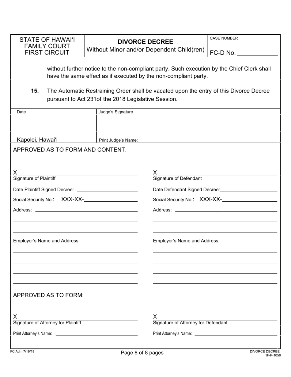 Form 1F-P-1056 Divorce Decree Without Minor and / or Dependent Child(Ren) - Hawaii, Page 8